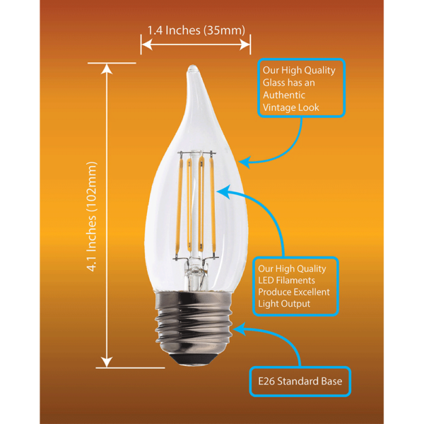 CA11 LED Light Bulb with Dimensions Chart